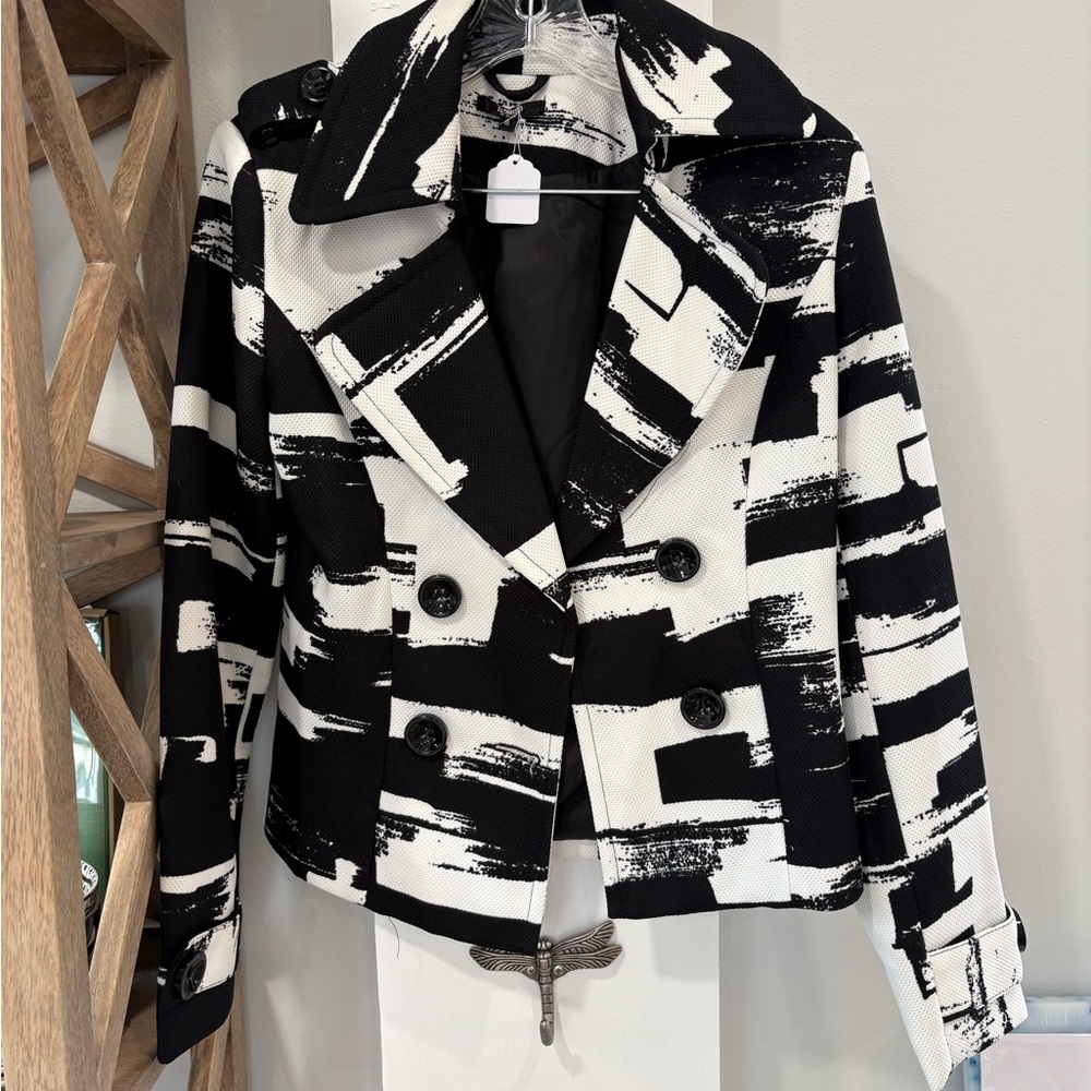 Black & White Brushstroke Double-Breasted Cropped Pea Coat